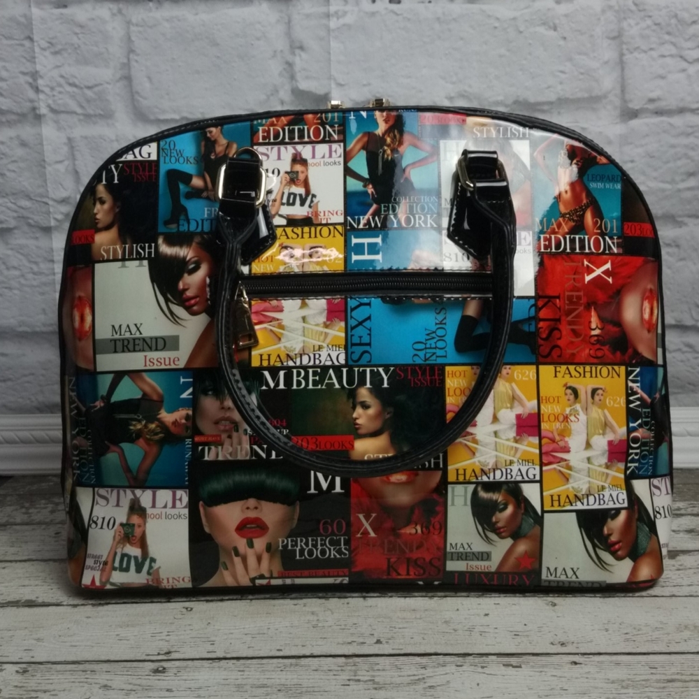 Glossy Magazine Cover Collage Dome Satchel Handbag - Picture 2 of 6